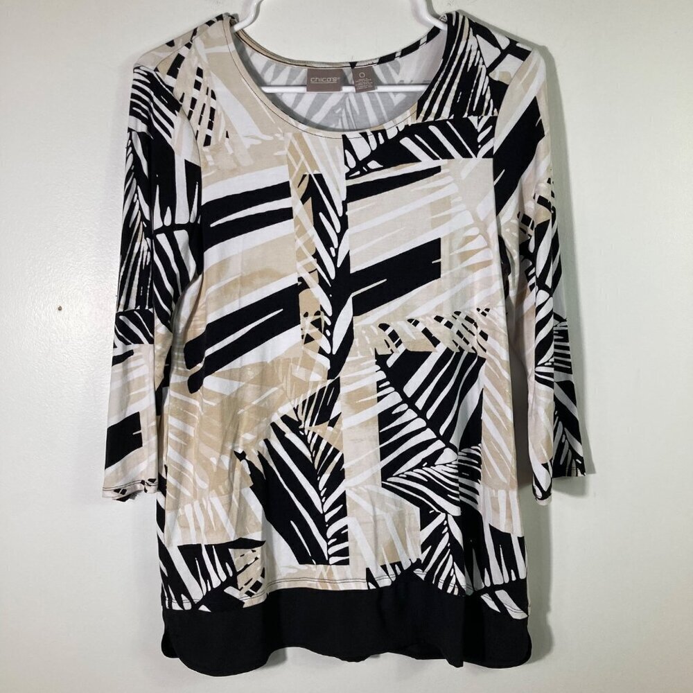 Womens Chicos Leaf Print Top 3/4 Sleeve Black‎ White Tan S